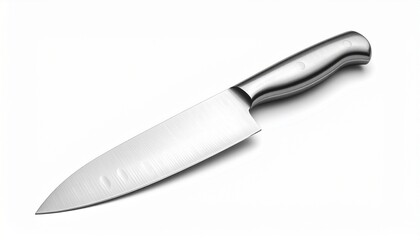 Fototapeta premium Professional stainless steel chef's knife isolated on white background, perfect for cooking, kitchen, and culinary themes.