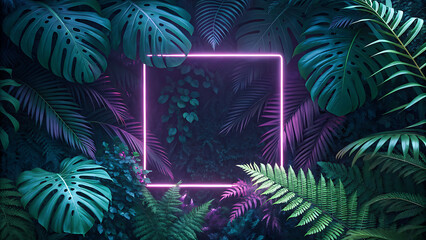 Neon square frame surrounded by lush tropical foliage with monstera leaves and ferns, creating a vibrant and mysterious jungle atmosphere