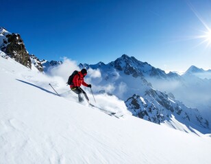 skiing in high mountains Blue sky day. Extreme winter sports