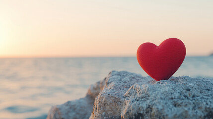 Fototapeta premium Red heart shape resting on rocky surface by calm sea during soft sunset, evoking feelings of love and tranquility