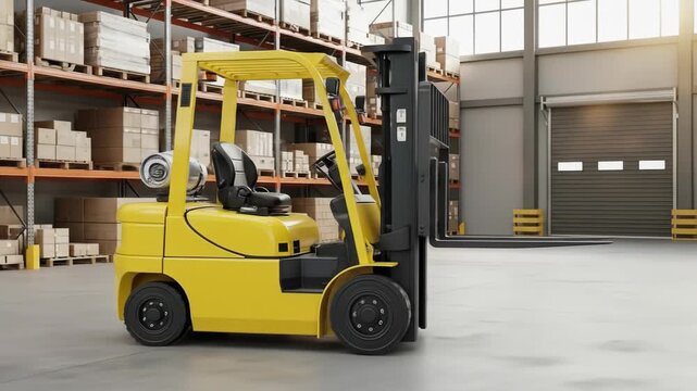 A yellow forklift sits in a warehouse aisle with shelves full of boxes and a large overhead door