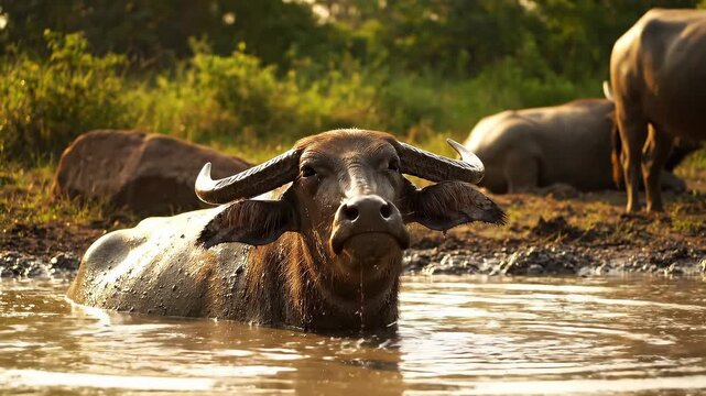 A buffalo in water looking towards the camera