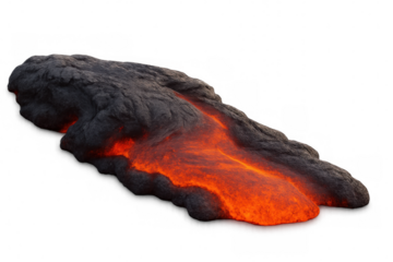 Molten lava flow cooling on its edges and solidifying, creating a dark rock formation while still having a glowing hot center