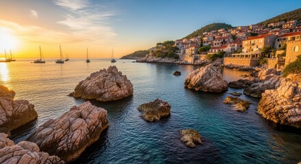 Coastal Town and Rocks at Sunset with Boats on the Sea