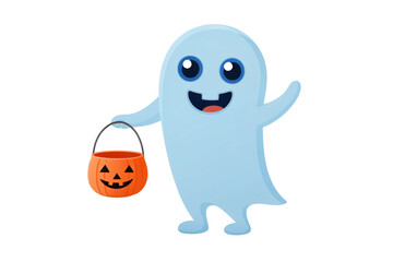 Fototapeta premium Cute ghost carrying a pumpkin bucket isolated on transparent background