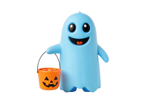 Cute ghost with pumpkin bucket isolated on transparent background for halloween - Powered by Adobe