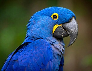 Vibrant portrait of a blue parrot with yellow eye markings and a large beak