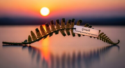 Fern with Growth tag illuminated by a beautiful sunset