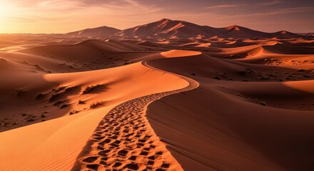 Footprints leading along sand dunes at sunset in the desert