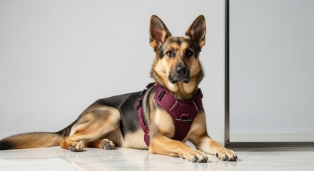 German Shepherd Dog Wearing a Harness Resting Indoors