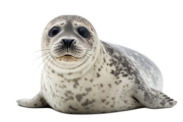 Cute spotted seal pup lying down isolated on transparent background looking at camera