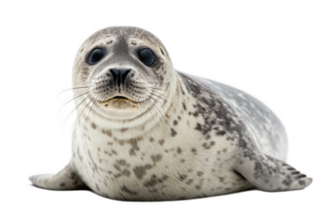 Cute spotted seal pup lying down isolated on transparent background looking at camera