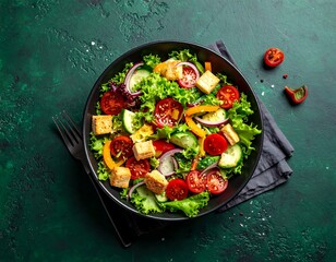 Vibrant, fresh, colorful salad in a black bowl, viewed from above