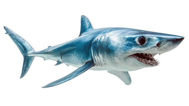 Steel-blue shortfin mako with silver belly and visible tooth rows, dynamic forward angle conveying strength, isolated on transparent background
