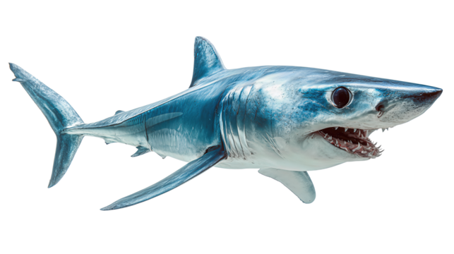 Steel-blue shortfin mako with silver belly and visible tooth rows, dynamic forward angle conveying strength, isolated on transparent background
