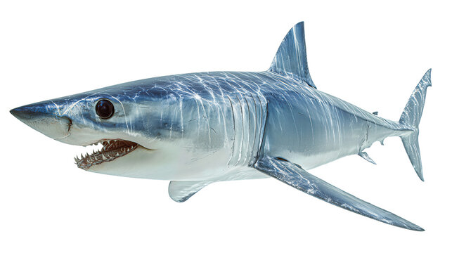 Steel-blue shortfin mako with silver belly and visible tooth rows, dynamic forward angle conveying strength, isolated on transparent background
