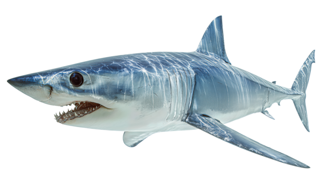 Steel-blue shortfin mako with silver belly and visible tooth rows, dynamic forward angle conveying strength, isolated on transparent background
