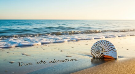 Nautilus shell resting on wet sand near ocean with inspirational writing