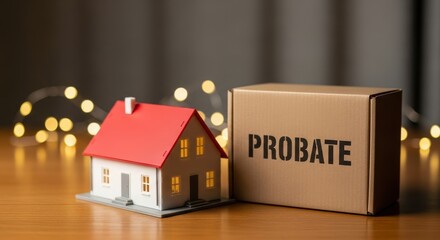 Miniature house next to a box labeled Probate