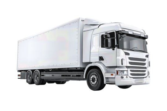 Modern delivery truck in matte white with aerodynamic cab and visible rivet lines, detailed rubber tread on front wheel, isolated on transparent background
