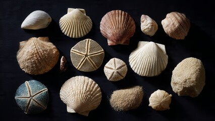 Collection of diverse seashells sand dollars and sand on a dark background