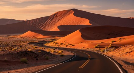Road winding through desert dunes at sunset