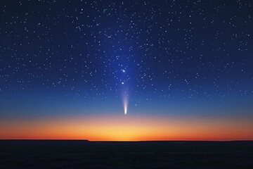 Obraz premium Bright comet with a long tail streaking across a starry night sky during twilight. Space exploration concept for astronomy and science.