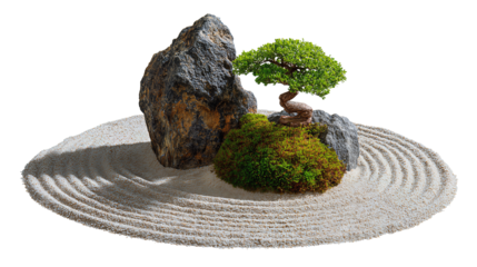Compact zen garden with two smooth river stones and a tiny moss bonsai set diagonally, raked sand arcs crossing at the center, isolated on transparent background
