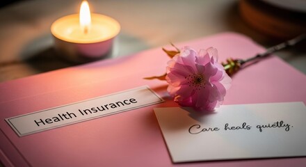 Still life image of a candle and pink flower with insurance documents