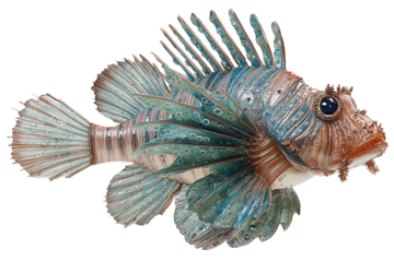 Lionfish with vivid copper and teal stripes, fins fully extended in elegant fan display, wet glossy scales enhancing its exotic beauty, isolated on transparent background
