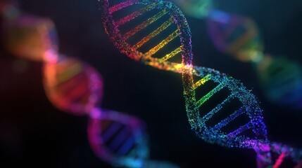 Vivid representation of DNA strands featuring a rainbow spectrum, highlighting the complexity of genetic material in a captivating visual format.