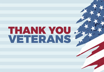 Fototapeta premium Veterans Day 2025 Poster Design - Thank You Veterans Bold Typography with Grunge American Flag. Perfect for Banner, Background, Greeting, Social Media and Honoring Designs. Vector Illustration