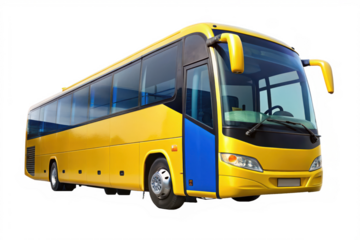 Yellow tour bus isolated on transparent background for transportation and travel use