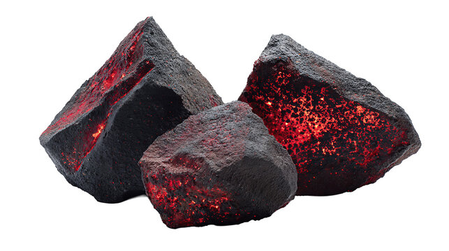 Set of three dark basalt shards with glowing crimson edges and ashy surface texture, arranged in a triangular formation, isolated on transparent background
