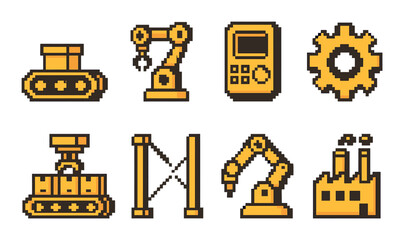 Pixel art style industrial icons featuring machinery and automation themes