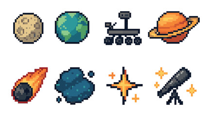 Pixel art space icons: planets, rover, comet, telescope with retro vibes