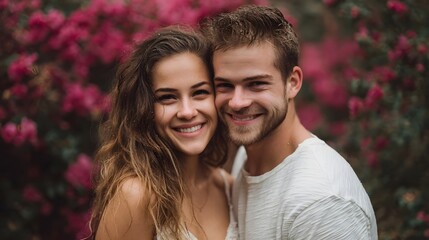 Fototapeta premium A happy couple shares a tender moment smiling warmly amidst vibrant pink flowers in an outdoor setting