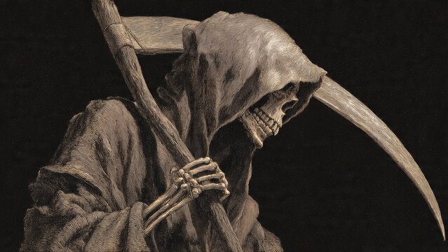 Detailed engraving of the Grim Reaper figure in a hooded cloak holding a scythe