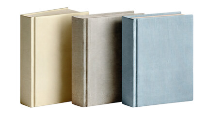 Set of three minimalist hardback books in ivory, sand, and pale blue tones, one volume slightly pulled forward, linen texture and deckled edges, isolated on transparent background
