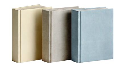Set of three minimalist hardback books in ivory, sand, and pale blue tones, one volume slightly pulled forward, linen texture and deckled edges, isolated on transparent background
