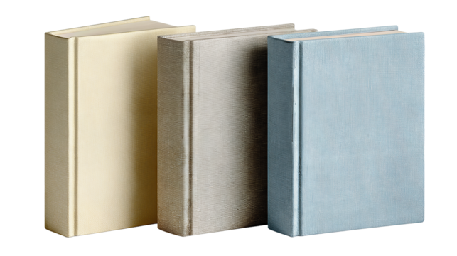 Set of three minimalist hardback books in ivory, sand, and pale blue tones, one volume slightly pulled forward, linen texture and deckled edges, isolated on transparent background
