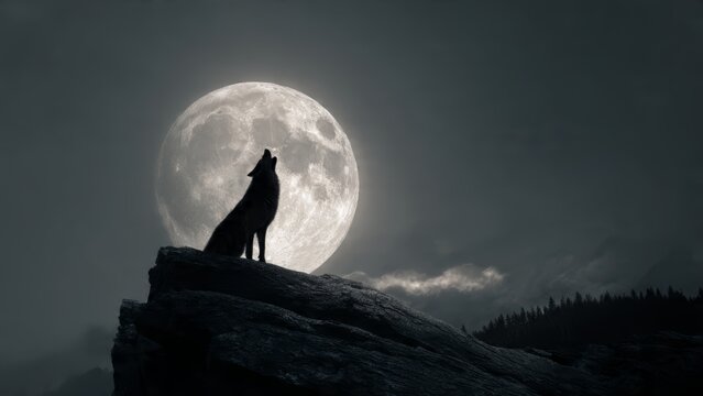 Silhouette of a wolf howling at a large bright full moon from a rocky precipice with a distant pine forest