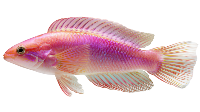 Elegant pink reef fish with pearlescent scales and flowing filament tail, subtle body curvature and luminous gradient tones, isolated on transparent background

