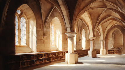 Fototapeta premium Sunlit Medieval Hall Interior with Vaulted Ceilings and Stone Pillars