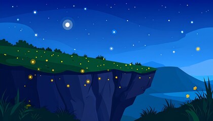 Night scene of a hillside and landscape, dotted with fireflies