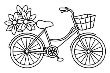 Fototapeta premium Vintage Bicycle with Flowers Line Art - Floral Bike Basket Outline Black and White Vector