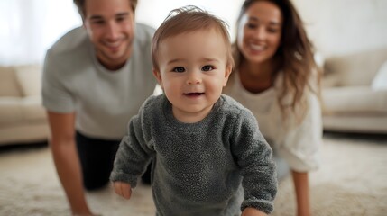 A joyful baby smiles while taking early steps supported by happy parents in a cozy bright indoor setting