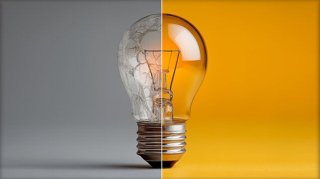 Broken versus glowing light bulb split canvas representing failure success contrast generated ai