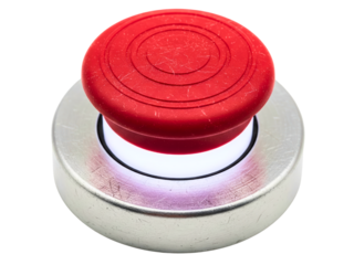 Red industrial emergency stop button for safety on a control panel on a transparent background