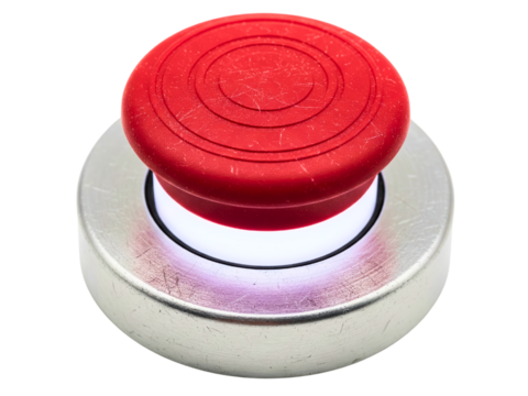 Red industrial emergency stop button for safety on a control panel on a transparent background